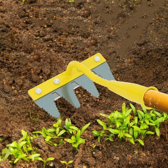 Onkruidsteker - Onkruidverwijderaar Tuinhark - Gazon Onderhoud - Verdikt Gehard Metaal - 4 Tanden - Geel/Zilver — afbeelding 4