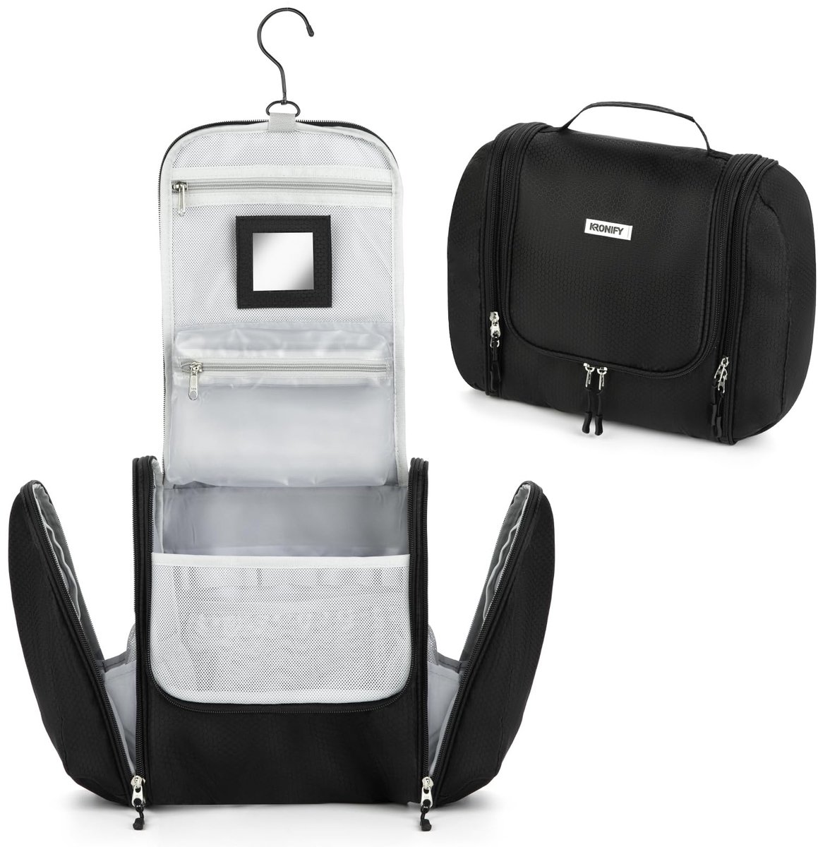SnelShoppen - Grote Toilettas om op te Hangen met Spiegel, Damestoilettas met Haak, Herentoilettas, XL Make-uptas, Zwart, Ideaal voor Feest, Camping e