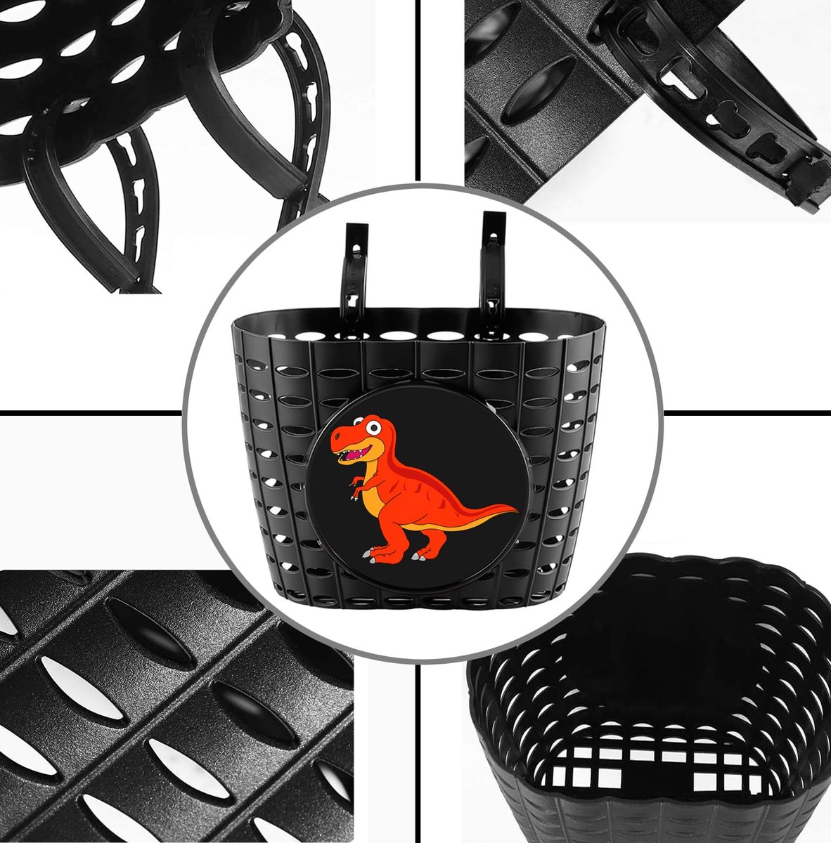 SnelShoppen - Schattige Fietsmand voor Kinderen met Dinosaurus, T-Rex, Kunststof Stuurmand voor Peuters, Driewielers en Scooters, Perfect voor Buiten-