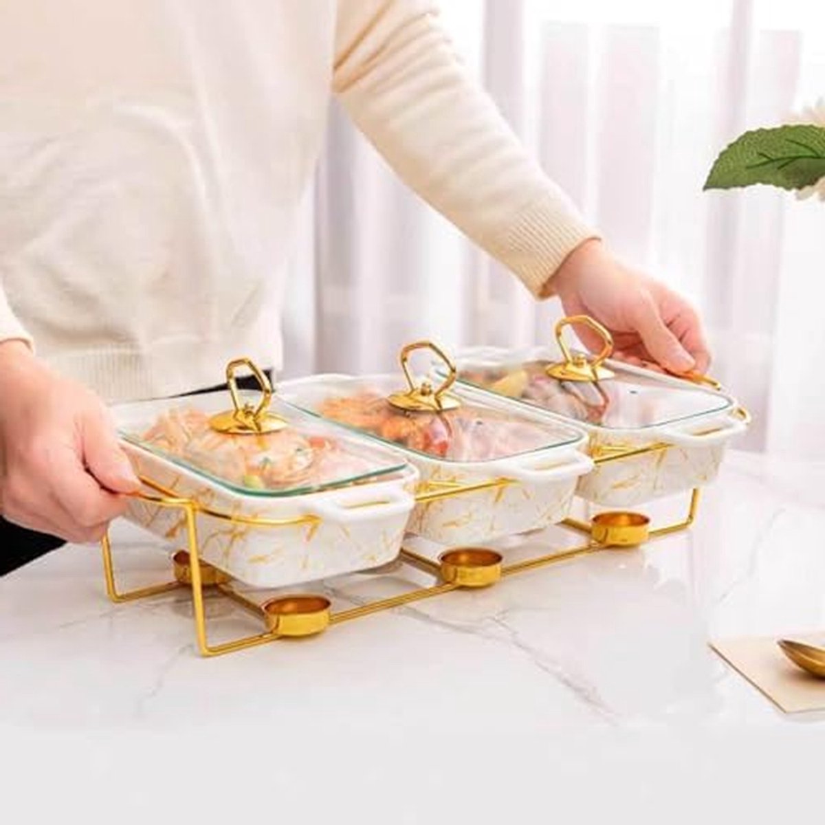 Chafing Dish Set - Warmhoudschalen Buffet - Buffetten Organiseren - Keramische Marmerlook - 3 stuks 09L - Wit