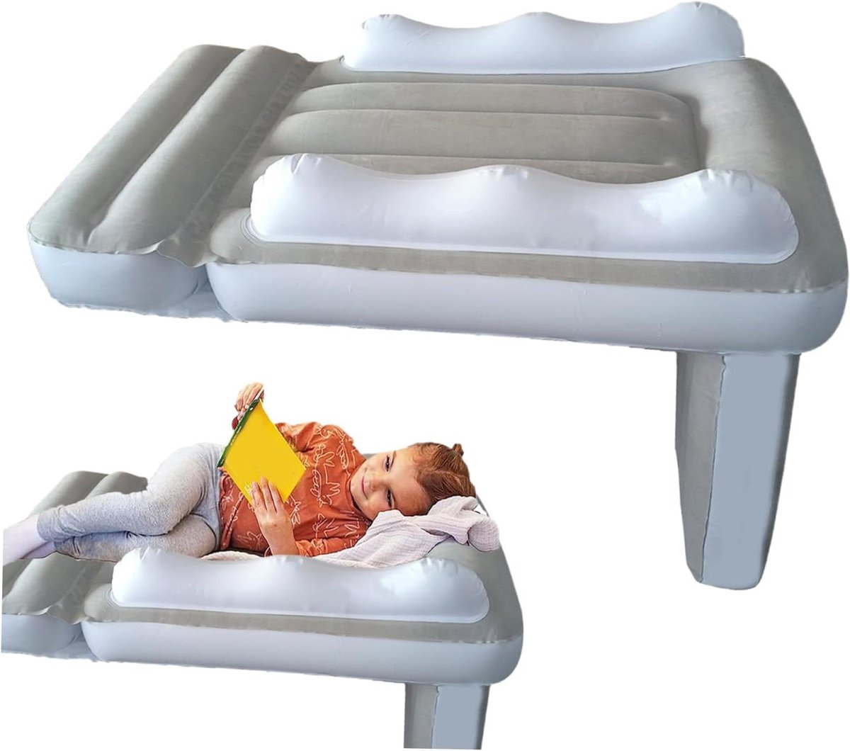 Opblaasbaar Vliegtuigbed - Peuter Reisbed - Comfortabel Reizen - Veiligheidsbumpers Dubbelzijdig - 82 x 65 x 30 cm - Grijs