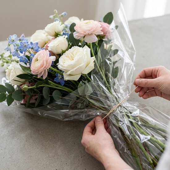 Boeket witte, roze en blauwe bloemen verpakt in transparant folie, vastgebonden met touw.
