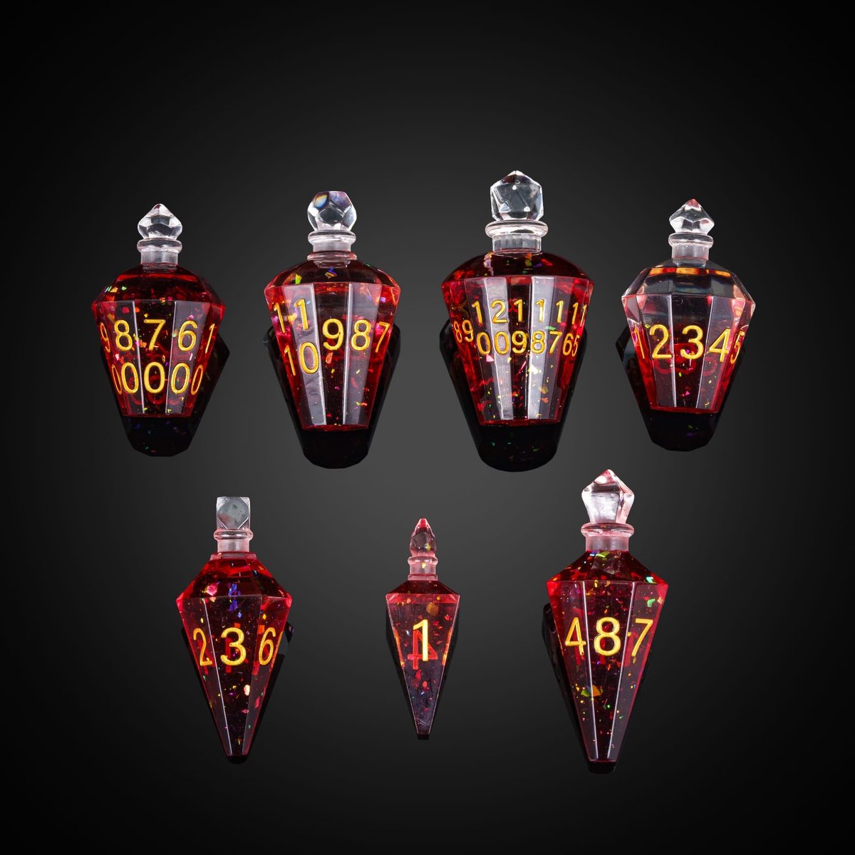 SnelShoppen - Cusdie 7-Die D&D Dobbelstenen Set, Handgemaakte Polyedrische Potion Shaped Dobbelstenen, Rood met Gouden Cijfers voor TTRPG Rollenspel