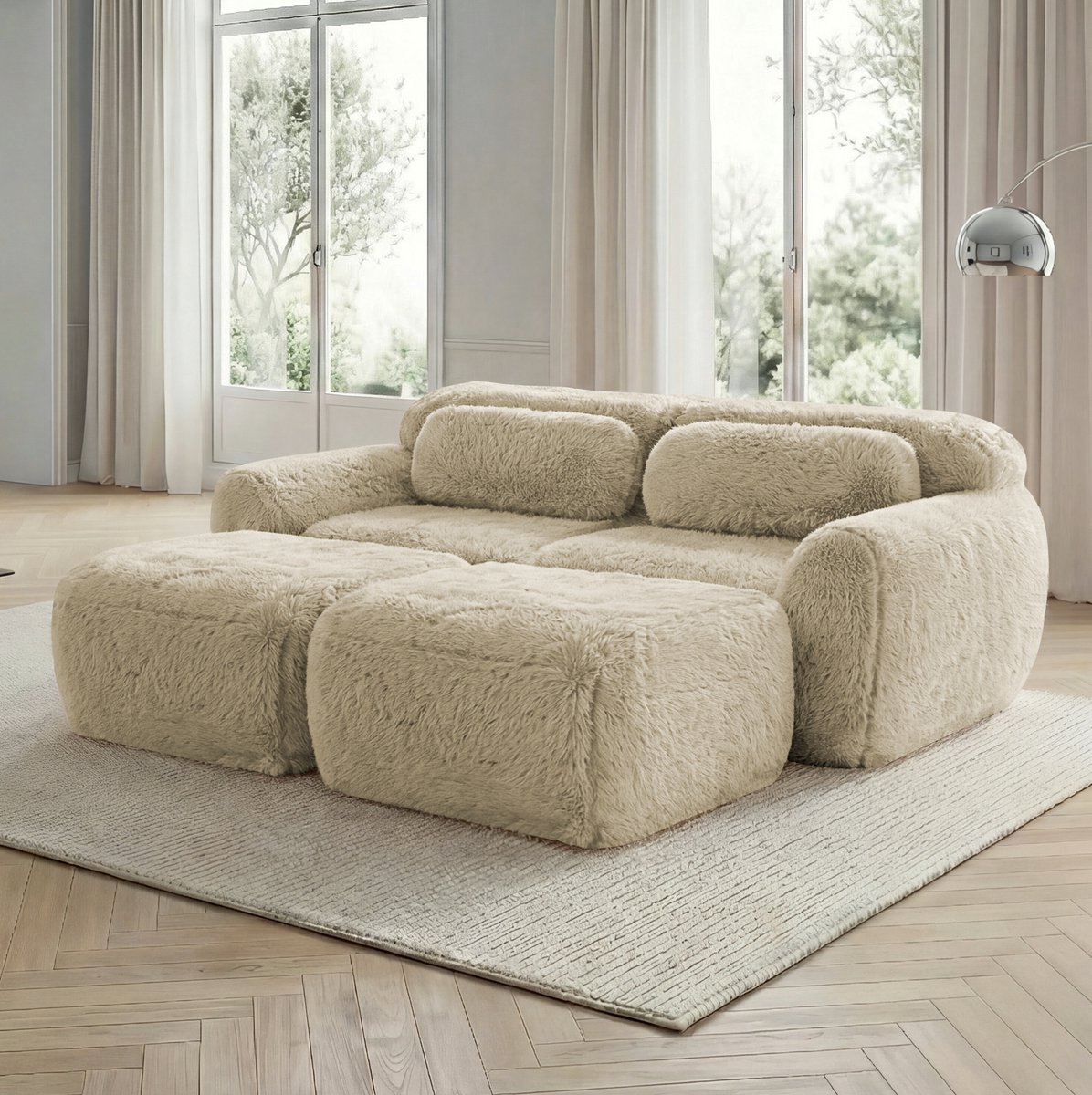 COVREO Modulaire slaapbank 204 x 179 x 73 cm - licht kaki, pluche, 2 ottomans, montagevrij