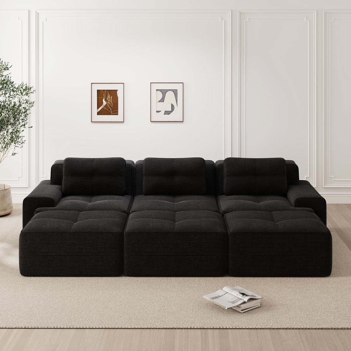 OKWISH Modulair Hoekbank 3-Zits 293 Cm - Met Slaappfunctie En 3 Hockers - Zachte Ribstof Voor Woonkamer - Zwart