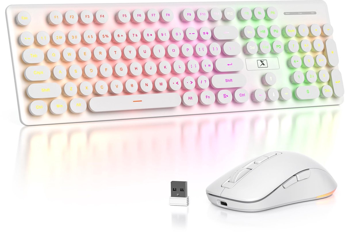 SnelShoppen - Backlit Wireless Keyboard en Muis Set - Oplaadbaar Verlicht Toetsenbord - Stille Draadloze Retro Ronde Keycaps - USB Ontvanger voor PC L