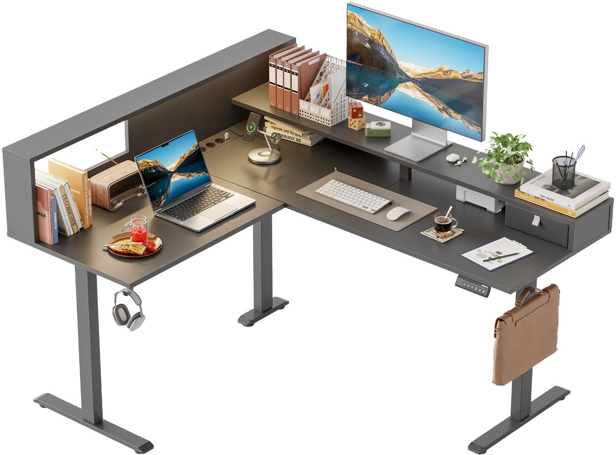 SnelShoppen - Hoogte Verstelbaar L-vormig Bureau met Lades, 160 x 140 cm Hoekbureau met Monitorstandaard, Zit-Sta Bureau met Stopcontacten en Lichtstr