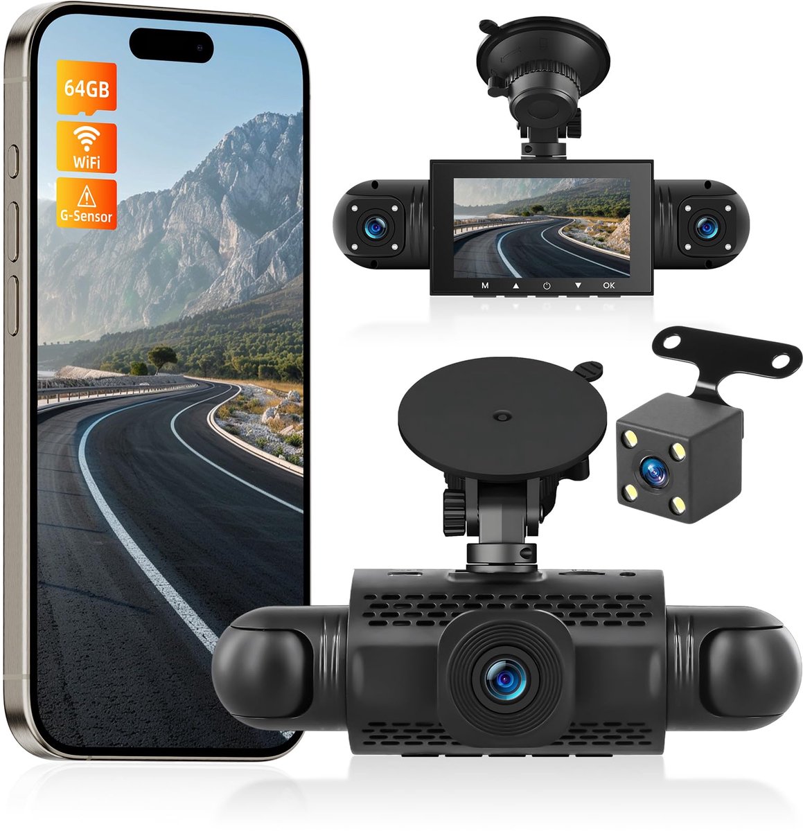 SnelShoppen - NHOPEEW 4-kanaals dashcam met 360° zicht - 3 inch 1080p auto dashcam met 4 camera's, loop-opname, G-sensoren, wifi-app, nachtzicht, 24-u