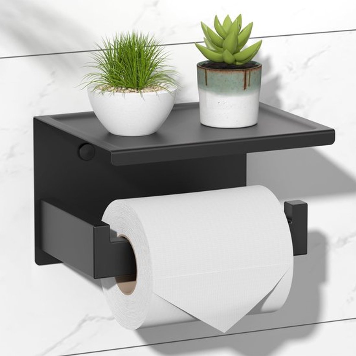 Toiletrolhouder Matzwart - Toiletrolhouder met Plankje - Toiletrolhouder Zonder Boren - Toiletrolhouder Roestvrij Staal - Reserverolhouder - Duurzaam en Anticorrosie - Wc-rolhouder
