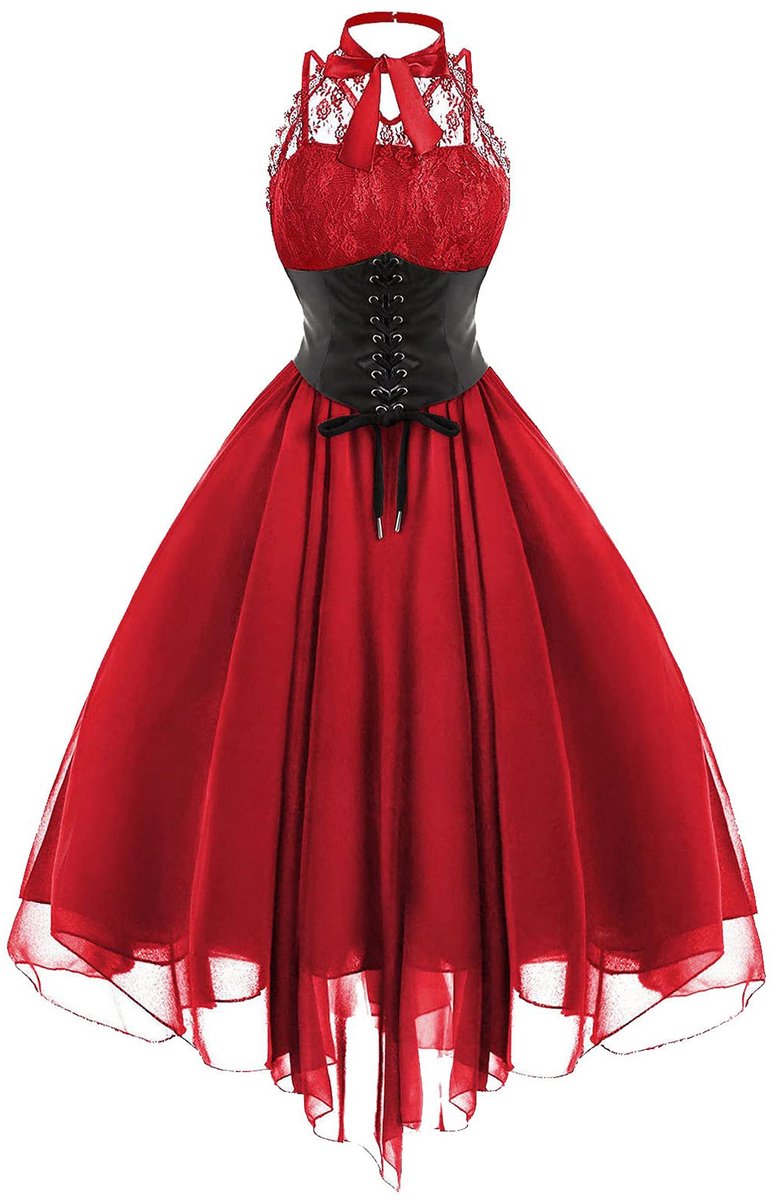SnelShoppen - Dames mouwloze gothic kanten jurk jaren 80 carnaval korset halter kant swing cocktail, rood, XL voor feesten en evenementen