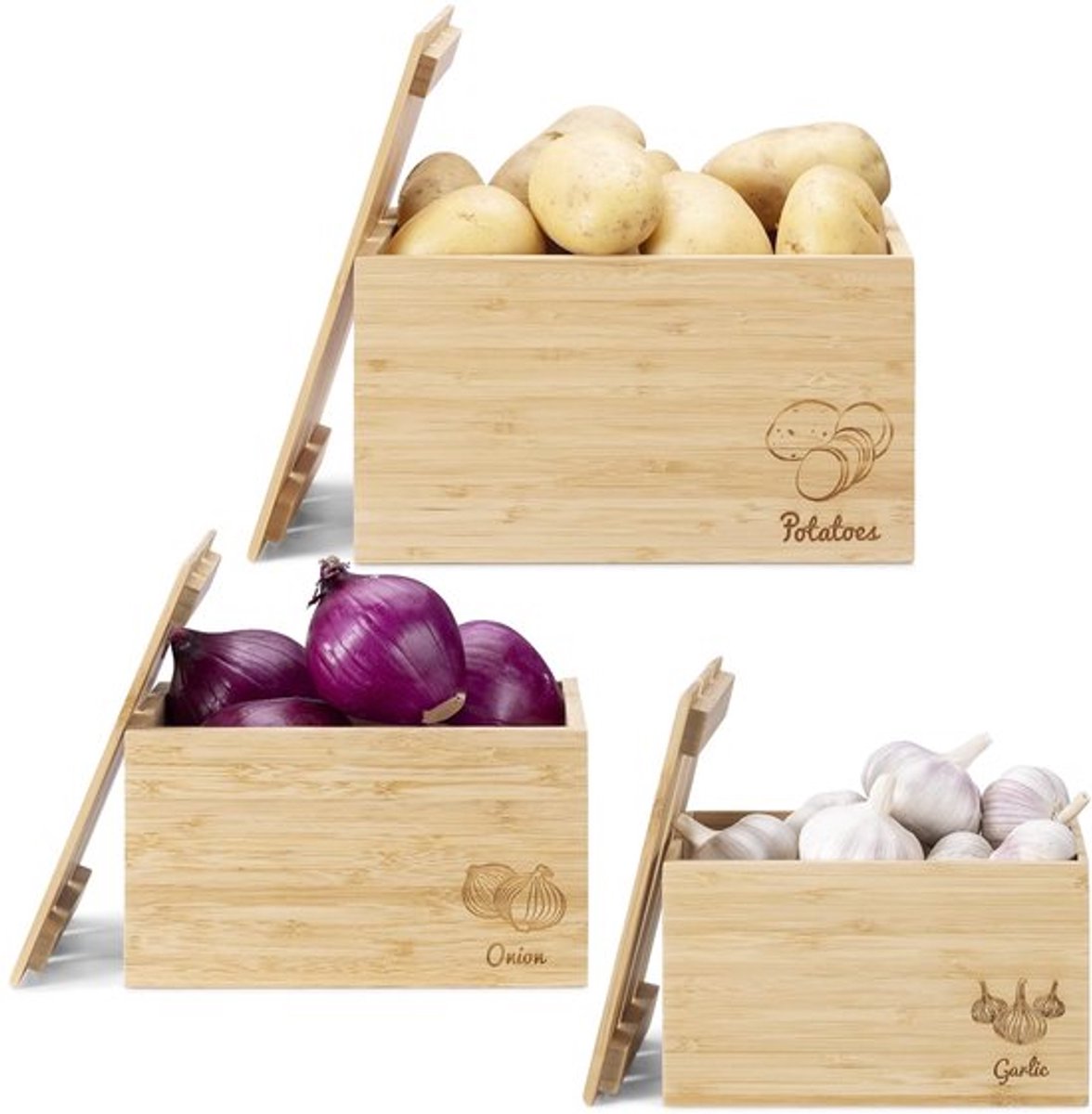 Houten Kratten Set - Voor Aardappelen/Uien/Knoflook - Bamboe - Met Print - Afmetingen: 26/22/18 cm - Gewicht: 2,5 kg - Opbergkisten