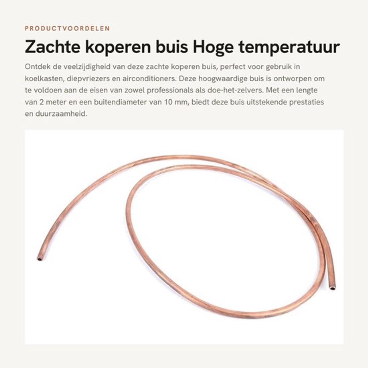 Zachte koperen buis - Hoge temperatuur weerstand - 2 meter - 10 mm en 8 mm - Corrosiebestendig - Geschikt voor koeling - Koper