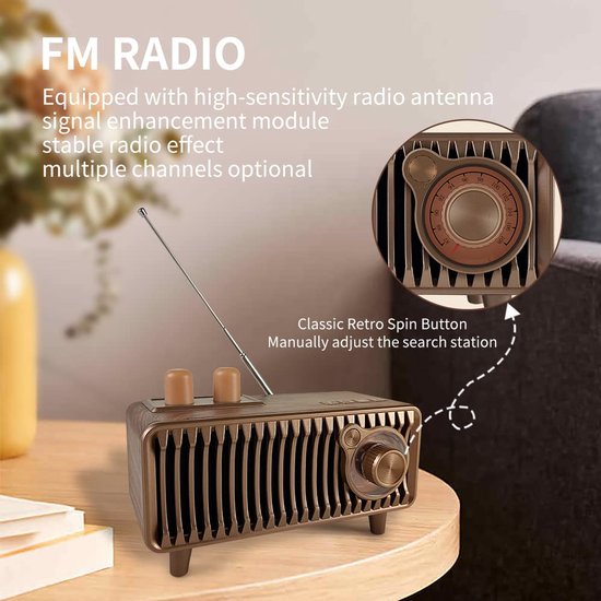 SnelShoppen - Retro Bluetooth-luidspreker-radio walnoothout, vintage FM-radio met 20W dual-speaker stereo, draagbare draadloze muziekspeler voor feest van Snelshoppen — afbeelding 5