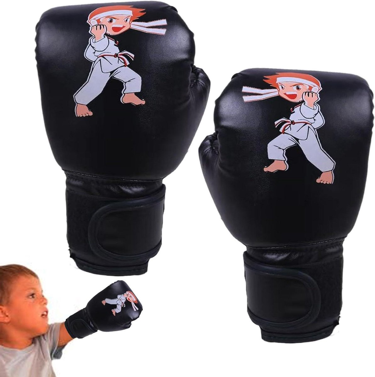 Kinder Bokshandschoenen - Trainingshandschoenen Boksen - Sport Training - Ademend Cartoon Design - 17 cm x 25 cm - Zwart