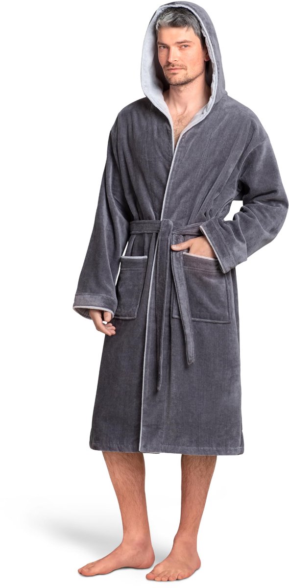 SnelShoppen - Twinzen Badjas Heren XXL - Grijze 100% Katoenfluweel Badjas met Capuchon - Ultralichte en Zachte Badjas voor Thuis, Sauna, en Wellness