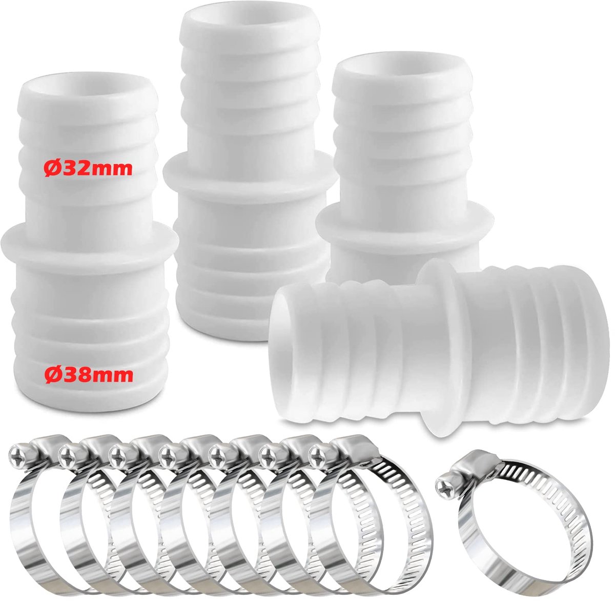Dailygoods- Slangverbinders Set van 4 - Zwembadslangconnectoren 32/38 mm - Roestvrijstalen Klemmen - Duurzaam - Betere Stabiliteit - Zwembadslangconnector