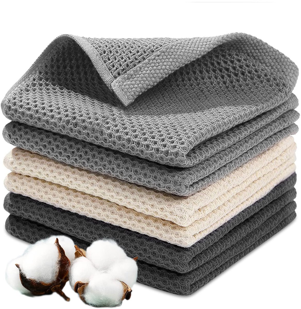 Dailygoods - Set van 6 Katoenen Keukenhanddoeken - Minimalistisch Design (Donkergrijs, Lichtgrijs, Beige)