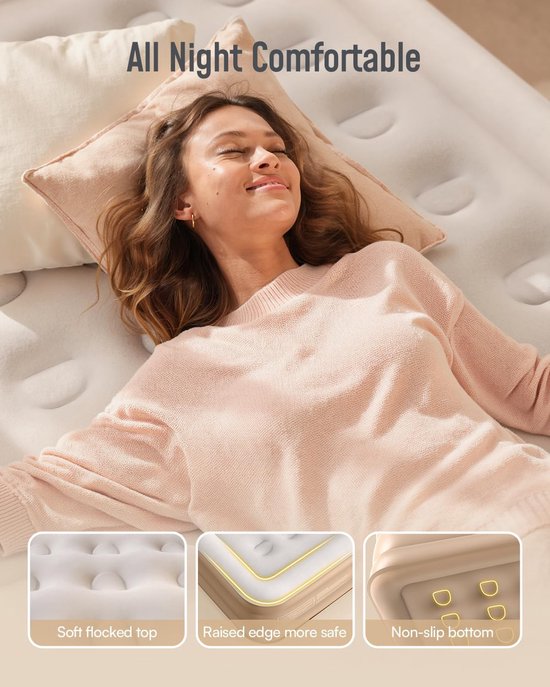 SnelShoppen - Zelfopblazend Luchtbed voor 2 Personen met Geïntegreerde Pomp - Premium Logeerbed met Gevlokt Oppervlak - Opblaasbaar Bed voor Thuisgebr — afbeelding 3