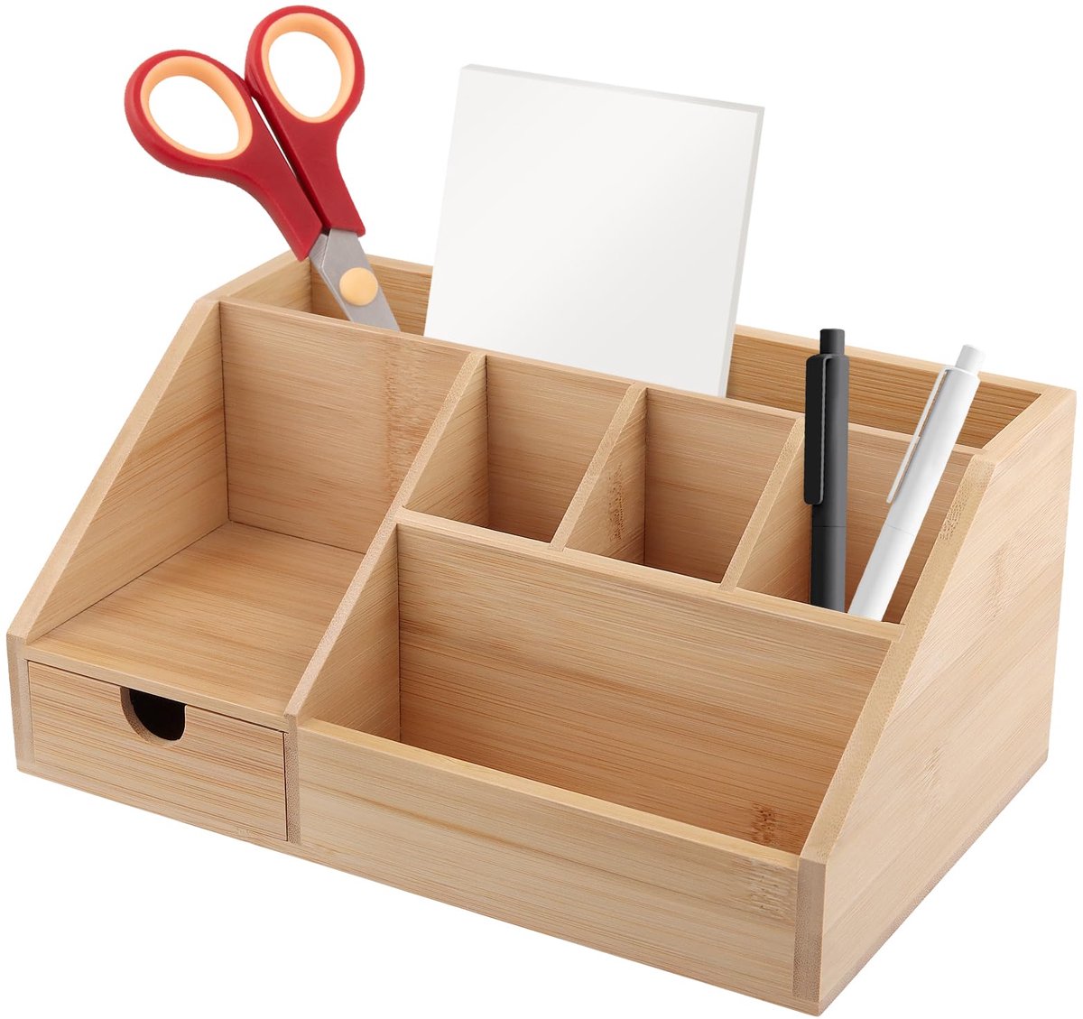 SnelShoppen - Houten Bureau-organizer met Lade en Pennenhouder, Bamboe Pennenkoker, Desk Organizer 24,5 x 15 x 11 cm, Perfect voor Thuiswerkplek en Ka