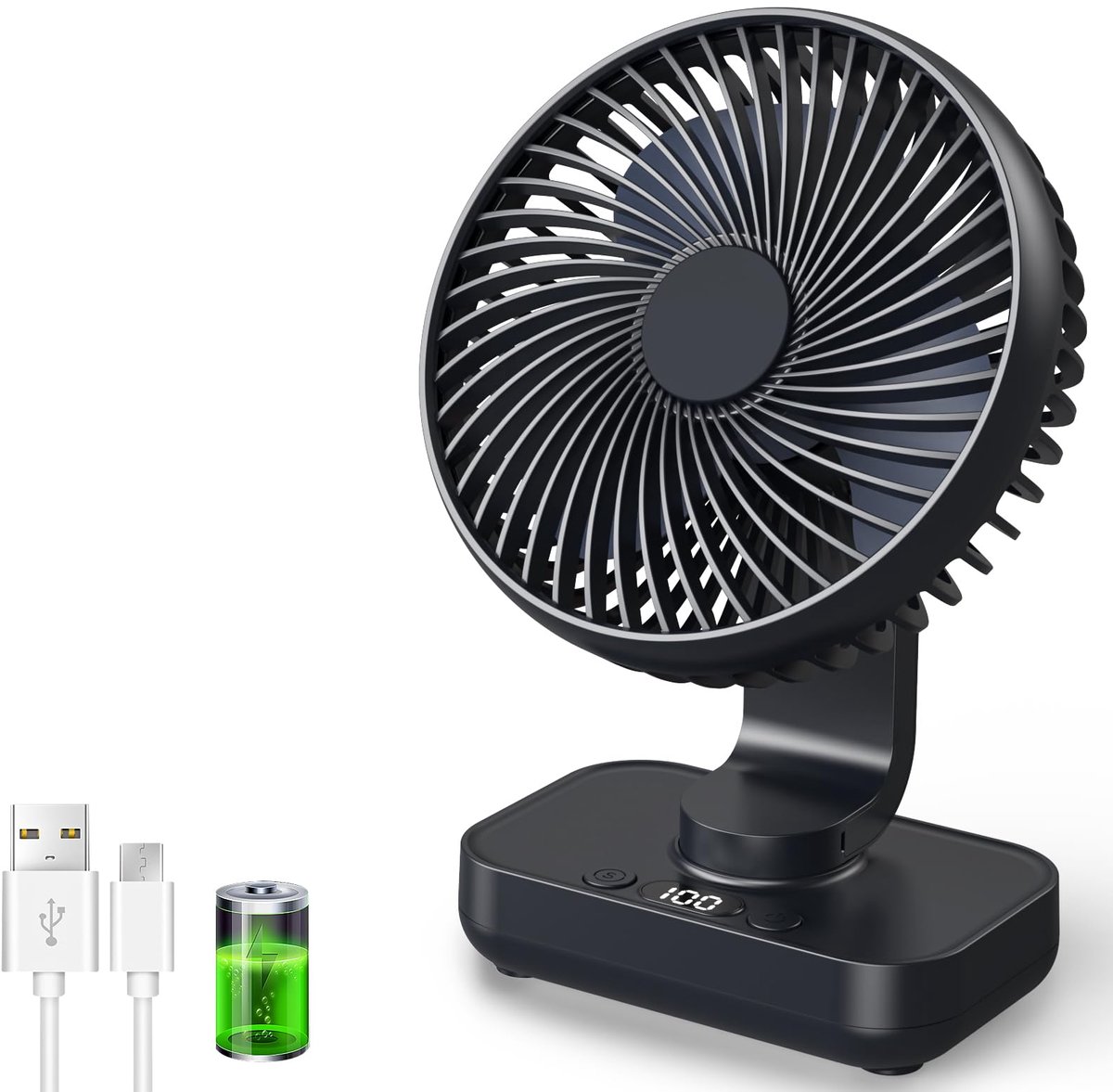 SnelShoppen - USB-ventilator, stil en oscillerend, 4 snelheden, oplaadbare batterij 4500 mAh, stille koeling voor thuis, kantoor, buiten, zwart