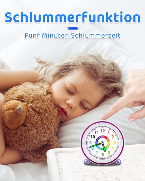 SnelShoppen - Ayybboo Kinderwekker Meisjes Jongens - Stil Analoog Leerwekkertje met Nachtlampje, Snooze-functie, Lavendel - Perfect voor Kinderkamer, van snelshoppen — afbeelding 3