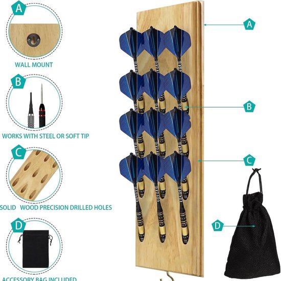 Wandgemonteerde Darts Houder-Stand Met Metalen Haak Opbergtas Voor 12 Darts - Staal en Soft Tip Darts — afbeelding 3