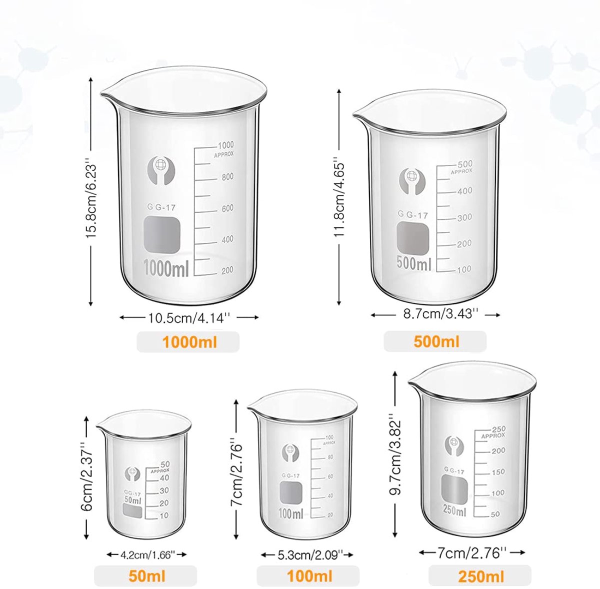 SnelShoppen - JESSTOLO Maatbeker Set van 5 Stuks - Borosilicaatglas - 1000ml, 500ml, 250ml, 100ml, 50ml - Inclusief 2 Reinigingsborstels - Voor Labora