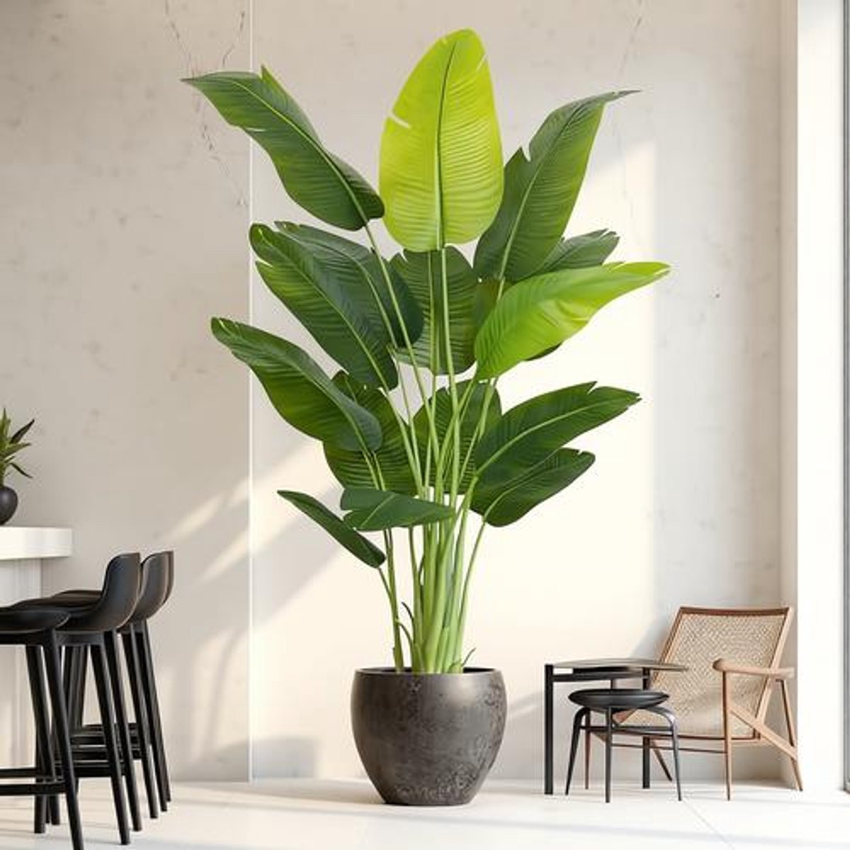Kunstmatige Paradijsvogelplant 200cm Grote Nepplant met Witte Pot - 15 Bananenbladeren voor Binnen & Buiten Decoratie - Kantoor Thuis Slaapkamer
