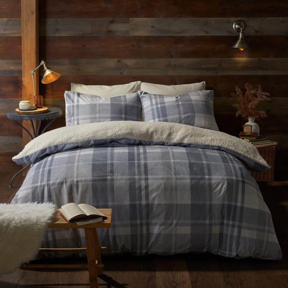 SnelShoppen - Fusion Grijze en Blauwe Fleece Dekbedovertrekset - Super Kingsize 260 x 220 cm - Omkeerbaar Ontwerp - 1 Kussensloop - Zacht Flanel Bedde