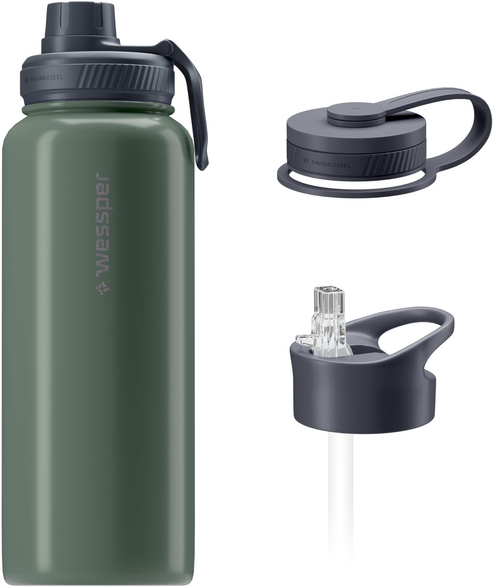 SnelShoppen - Roestvrijstalen Fles 1 L - Warm en Koud - Drie Verwisselbare Doppen - Luminous Rose - Perfect voor Camping, Feest, Keuken en Tuin