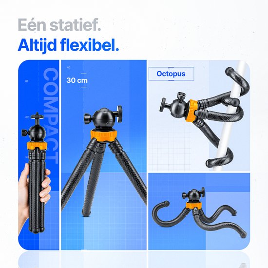 Flexibel octopus statief, 30 cm hoog, met gedetailleerde weergave van de gebogen poten.