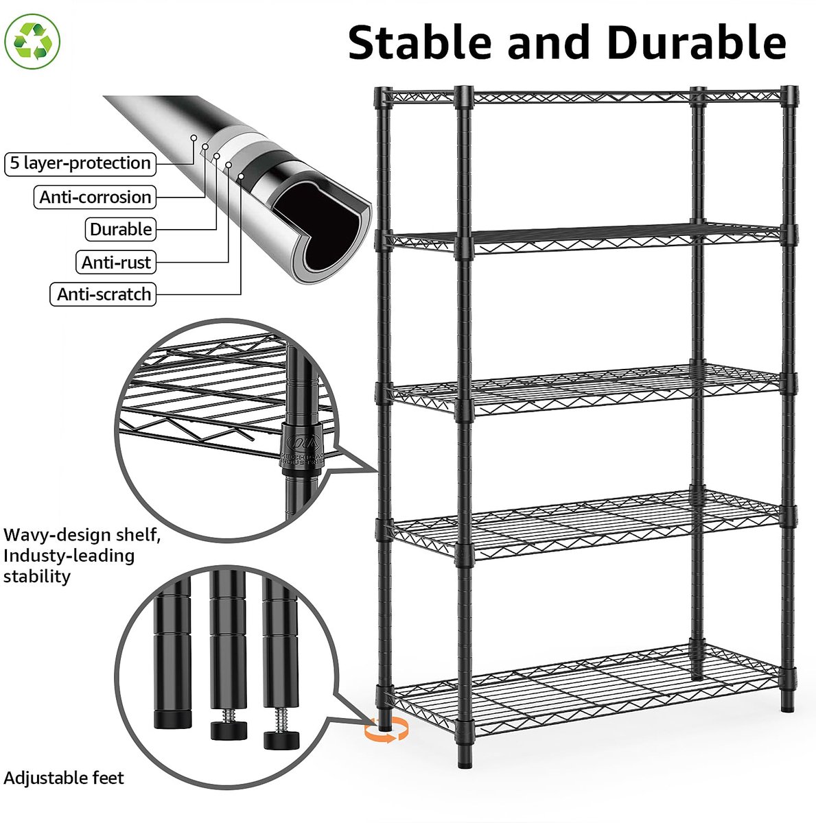 SnelShoppen - Metalen Stellingkast met Verstelbare Planken, 5-Laags Opbergrek voor Garage, Berging, Wasruimte en Keuken, Vrijstaand Draadrek, 35×60×15