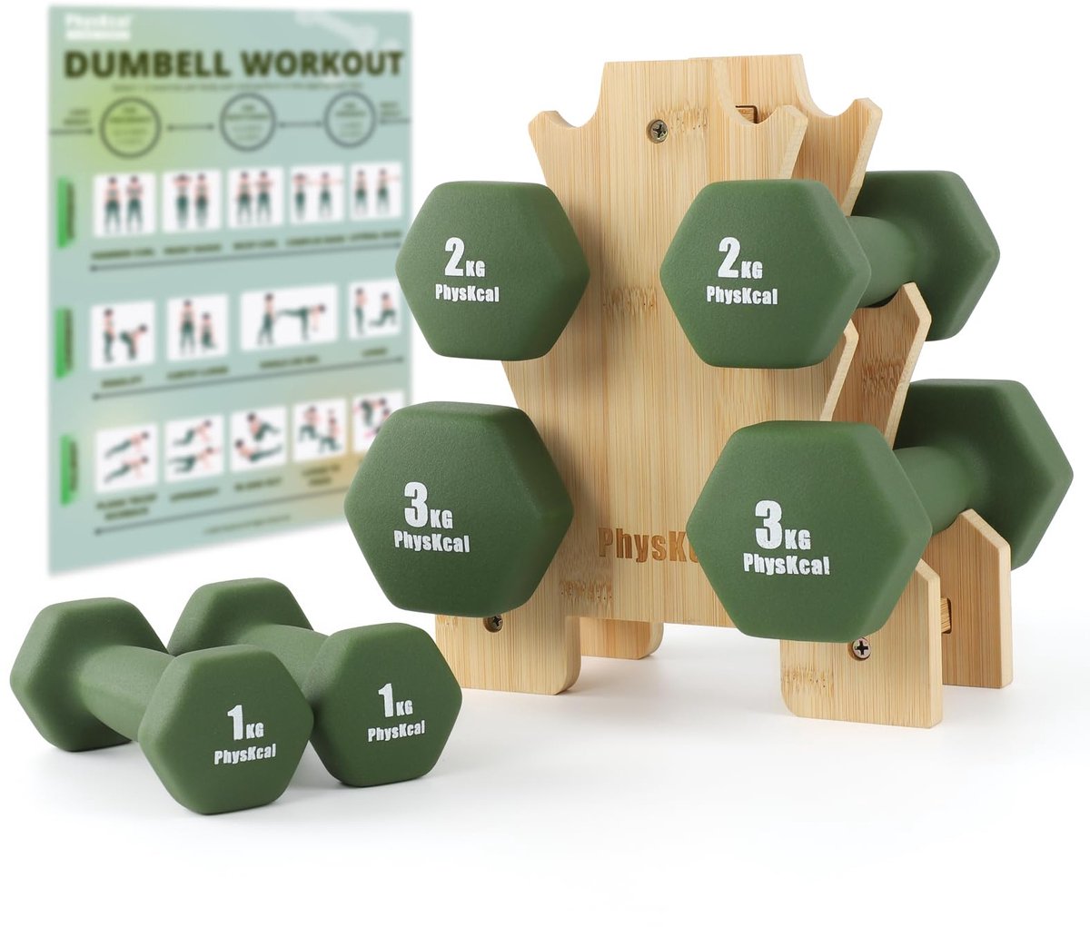 SnelShoppen - Dumbbells Set 1kg, 2kg, 3kg met Bamboe Rek - 12KG Set - Kale Groen - Gewichten voor Thuis Fitness, Krachttraining, Sport en Gym