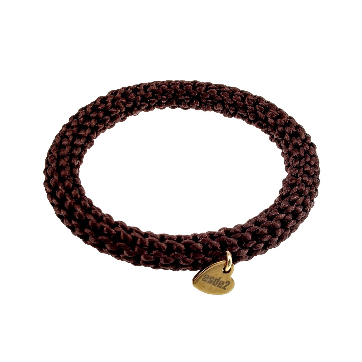 Crochet Damesarmband Donkerbruine van Satijnkoord met Goudkleur RVS Hart Bedel, Breed 10 mm - Polslenmaat 16 tot 17 cm