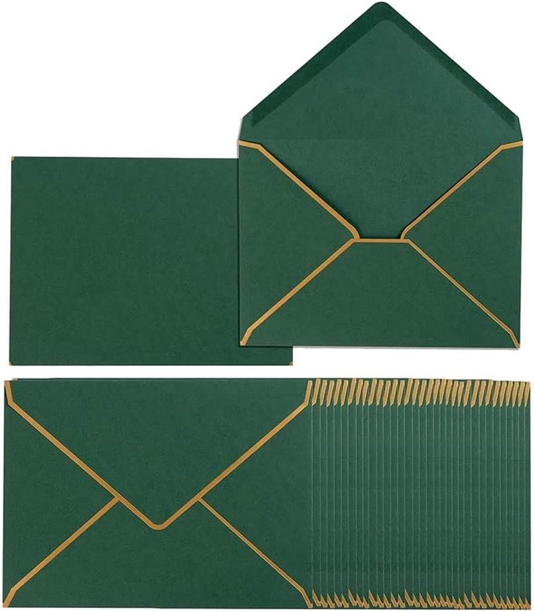 A7 Enveloppen - Kaartenveloppen Gouden Rand - Uitnodigingen Versturen - V-Flap Sluiting - 100 Stuks - Donkergroen