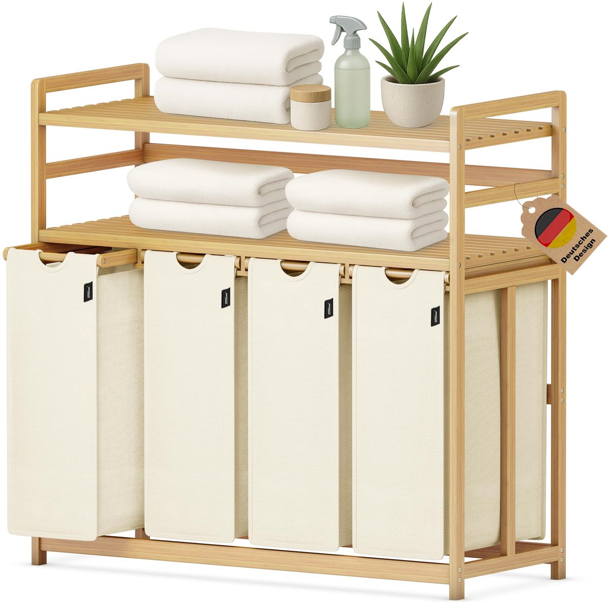 SnelShoppen - Wasverzamelaar 198 liter met 4 vakken, bamboe wasmand met dubbele plank en uitneembare waszakken, beige, ruimtebesparend voor badkamer,