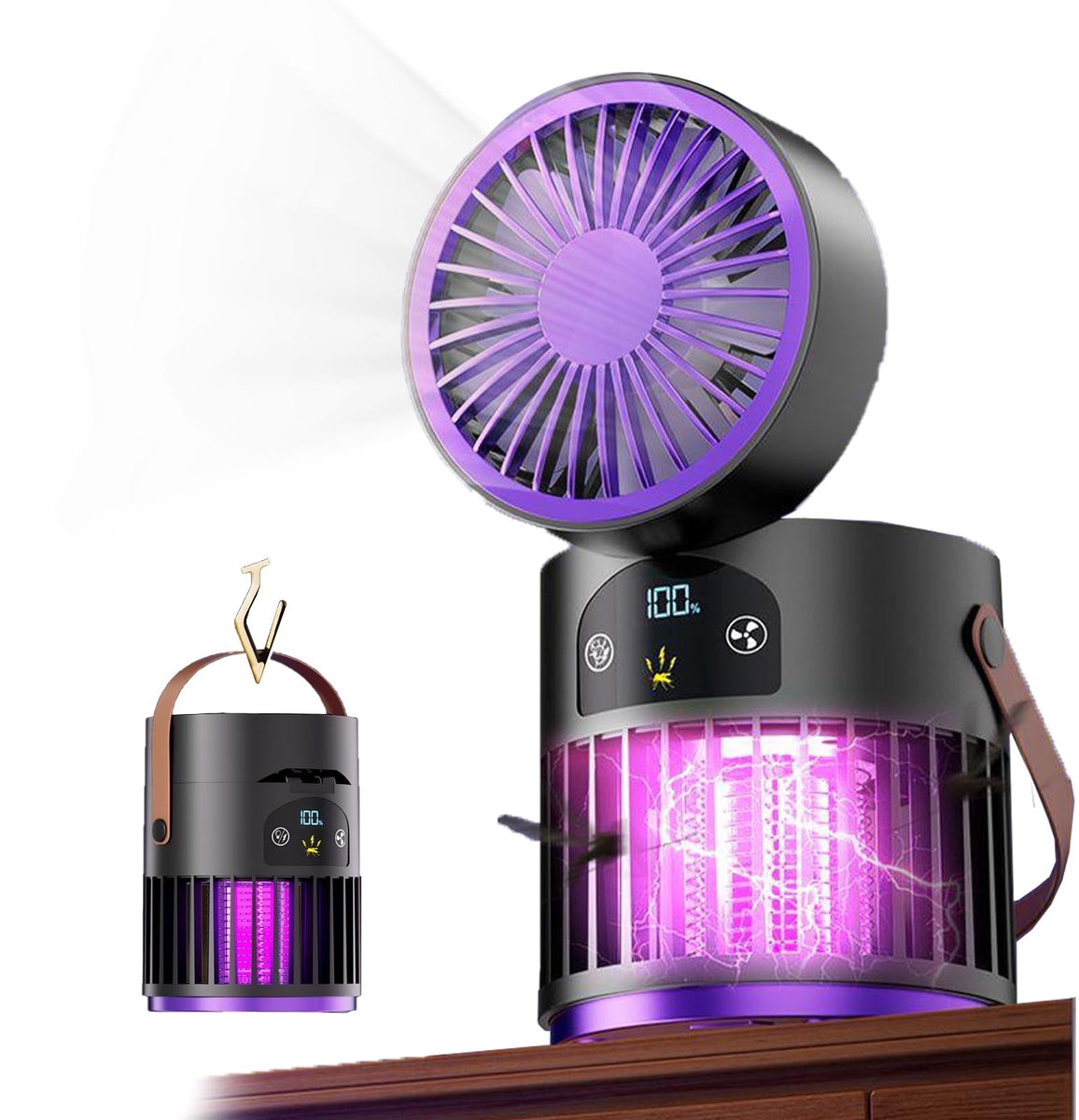 SnelShoppen - AIRCADIA 6-in-1 USB-tafelventilator met licht, 5 snelheden, oplaadbare mini-ventilator, stil, ideaal voor thuis, kantoor, camping en ter