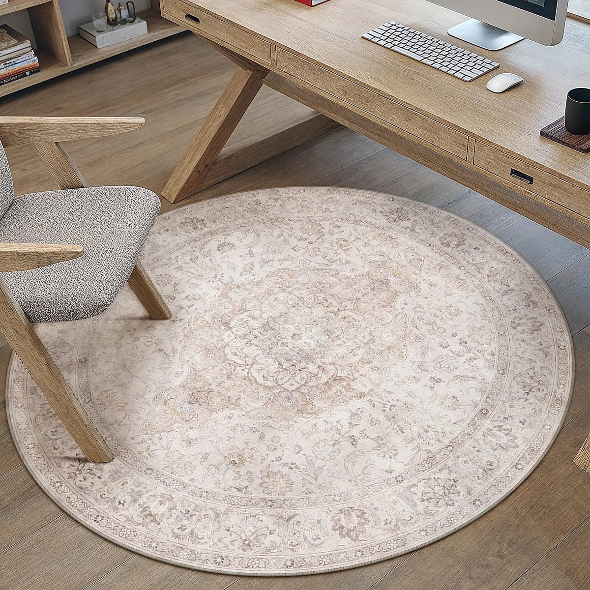 SnelShoppen - Rond Beige Tapijt 120 cm - Vintage, Wasbaar, Laagpolig, Antislip, Zacht, Boheems voor Keuken, Woonkamer, Slaapkamer, Kantoor, Eetkamer