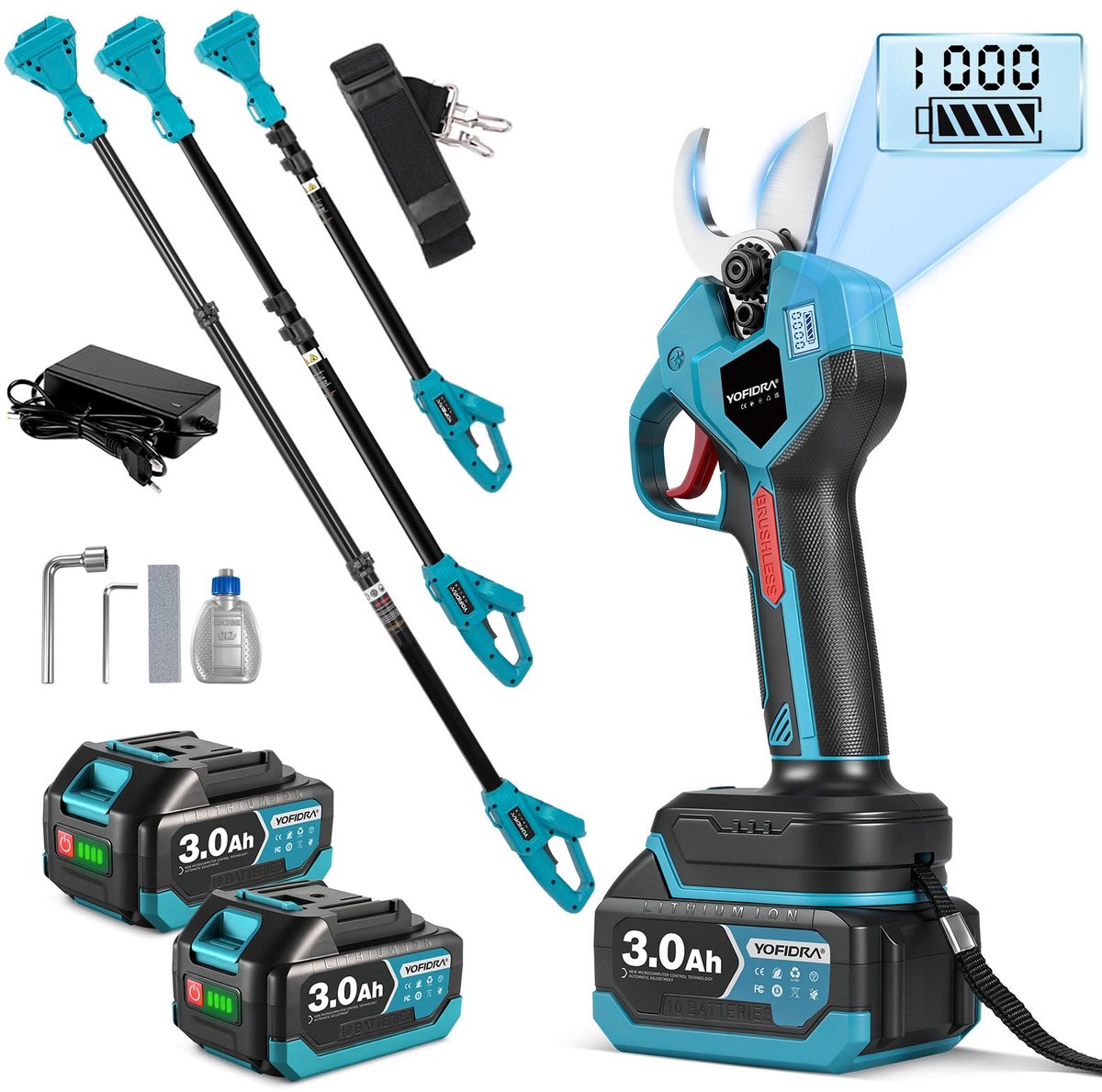 SnelShoppen - 2-in-1 Accu Takkenschaar Telescoop, Borstelloze Motor, 32 mm Snede, Elektrische Snoeischaar met Telescoopstang 1,2-2 m, 2 x 3,0 Ah Batte