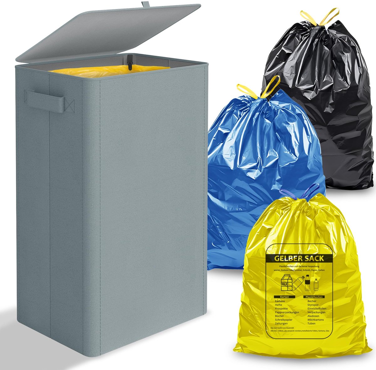 SnelShoppen - Gele Vuilnisemmer 100L met Deksel, Vuilniszakstandaard voor Gele Zakken, Ritssluiting voor Eenvoudig Verwijderen, Ideaal voor Keuken en