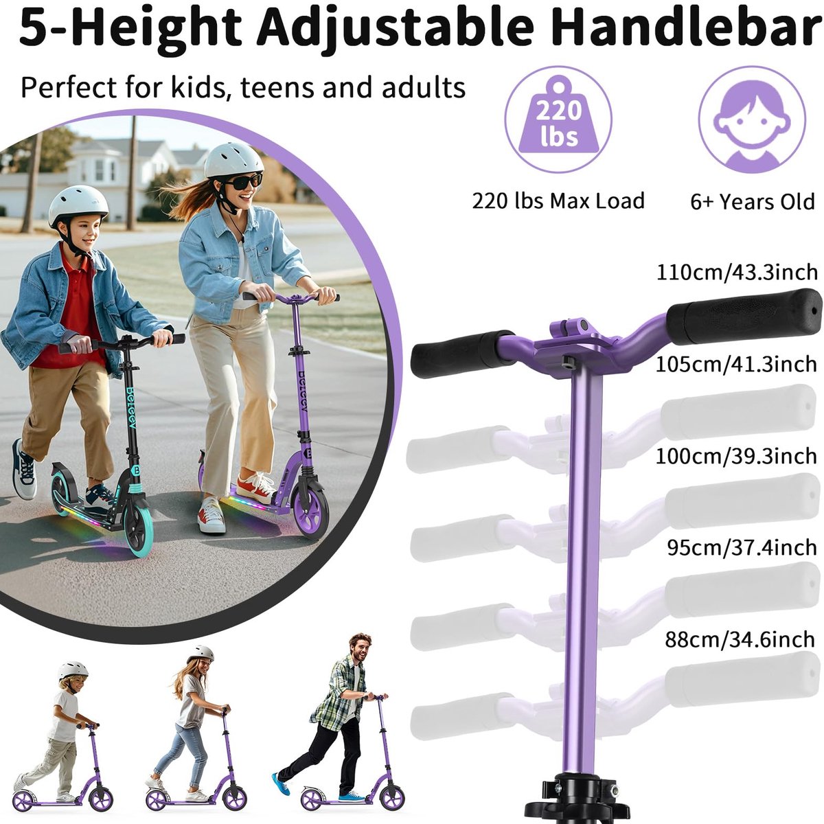 SnelShoppen - Groot Wiel Step voor Kinderen 6+ met Verlicht Deck, Opvouwbare 2-Wiel Step voor Volwassenen en Tieners, 5 Verstelbare Hoogtes, Lichtgewi