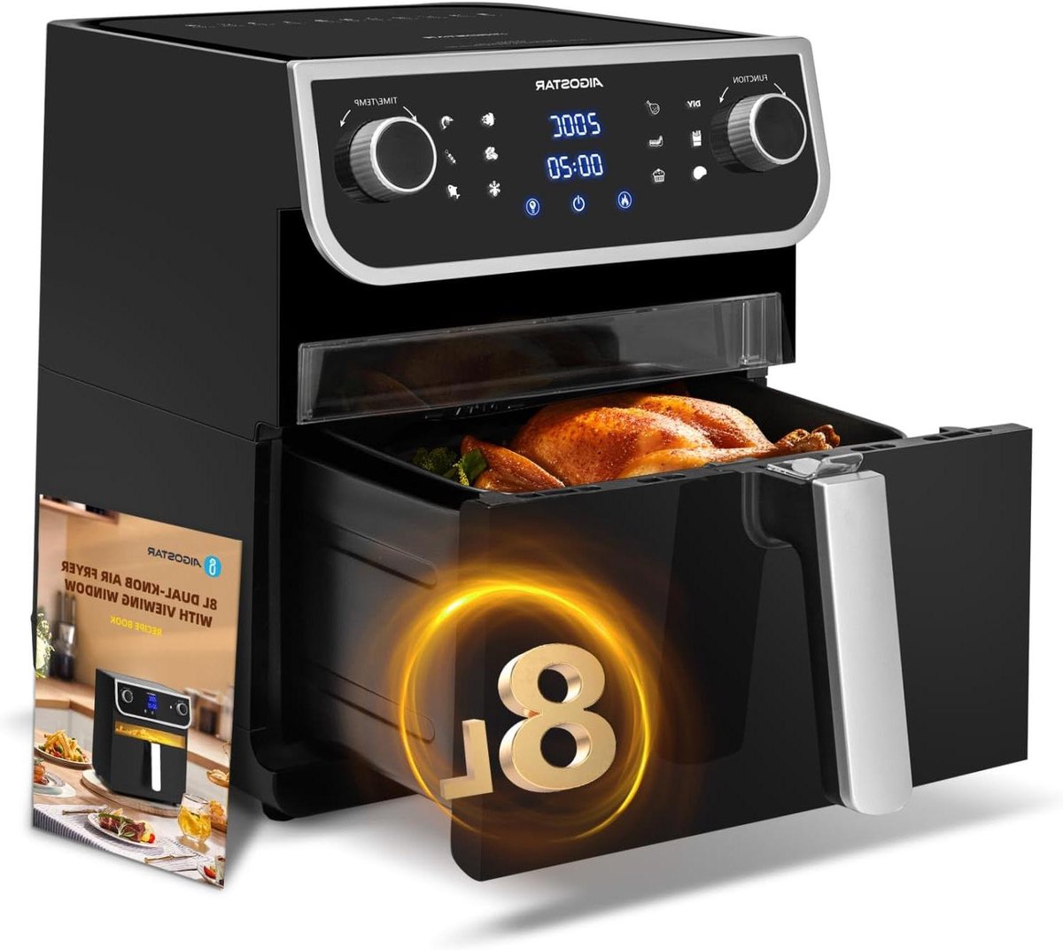 Luchtfriteuse - Airfryer XXL - Gezond Koken - Transparant Kijkvenster - 8 Liter - Zilver