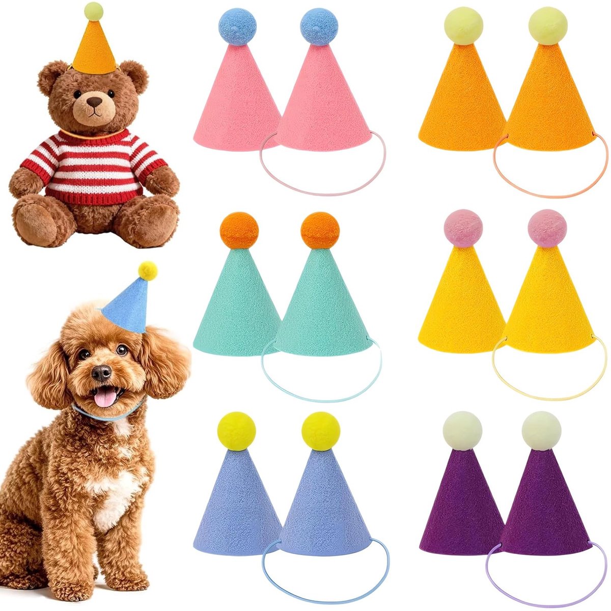 Dailygoods- Partyhoeden 12-delig - Mini-feesthoedjes - Verjaardagsdecoraties - Diermotieven - Geschikt voor honden/katten - Met elastiek - Feesthoed