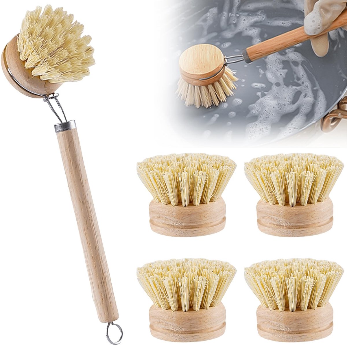 Dailygoods - Houten Afwasborstel met Vervangbare Hoofd en Set van 4