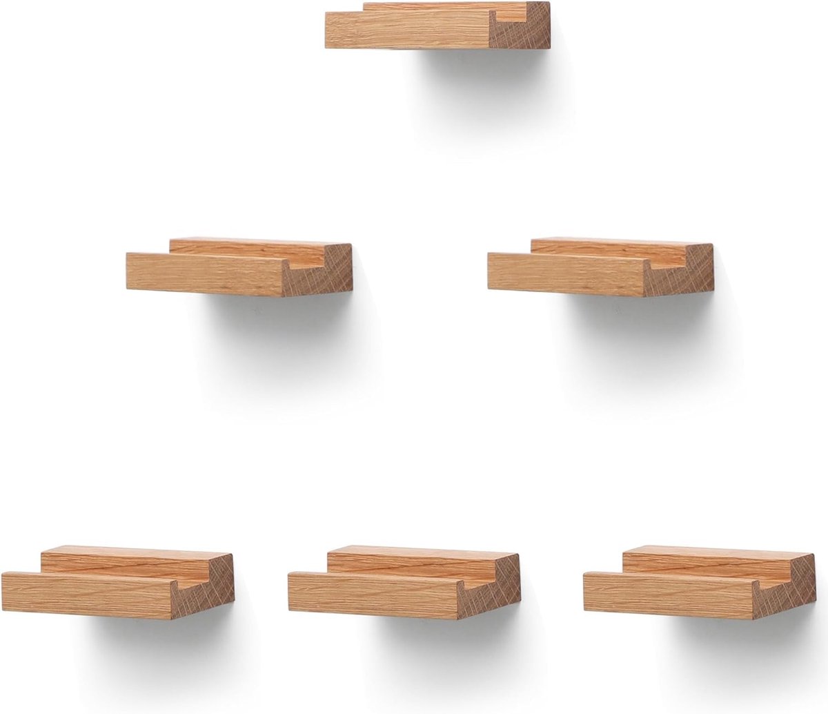 Dailygoods- Platendisplayhouder Massief Eikenhout - Wandmontage - Set van 6 - Lichtgewicht - Eenvoudige Installatie - Voorlip tegen vallen - Plankrek