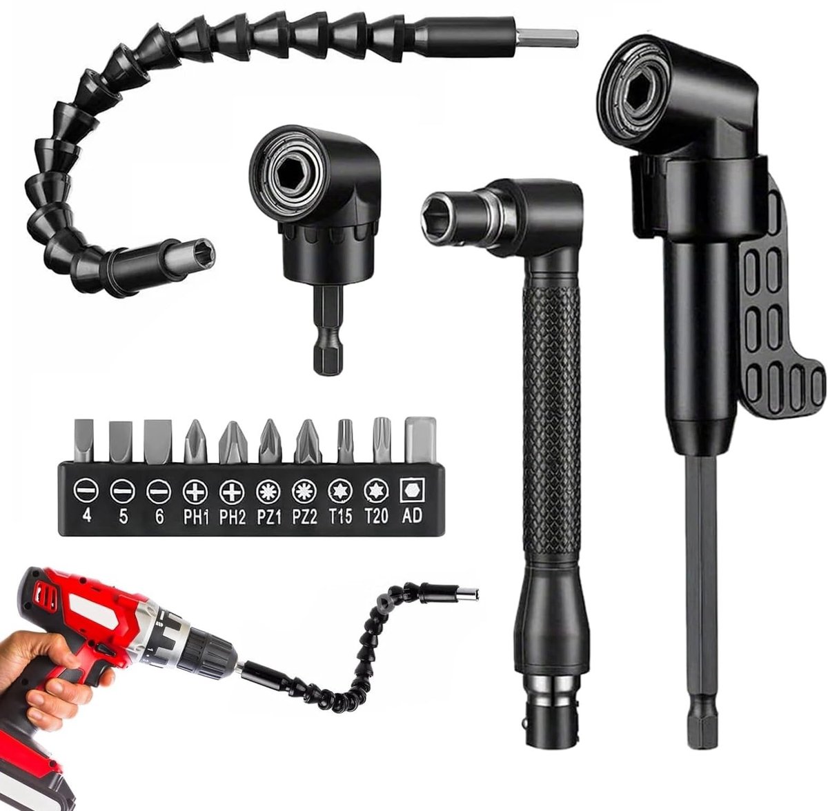 Dailygoods- Hoekschroevendraaieropzetstuk 105° - 14 Stuks - Flexibele Bithouder - Hoekbooropzetstuk - Zeskantschacht 1/4 Inch - Duurzaam Metaal - Schroevendraaieropzetstuk