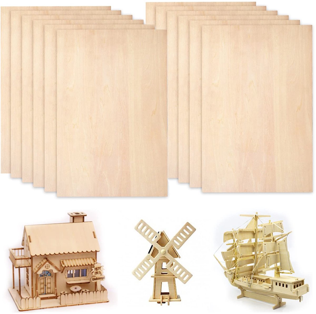 Dailygoods - Set van 12 Balsa Houten Panels voor Modelbouw - Onbehandeld Multiplex