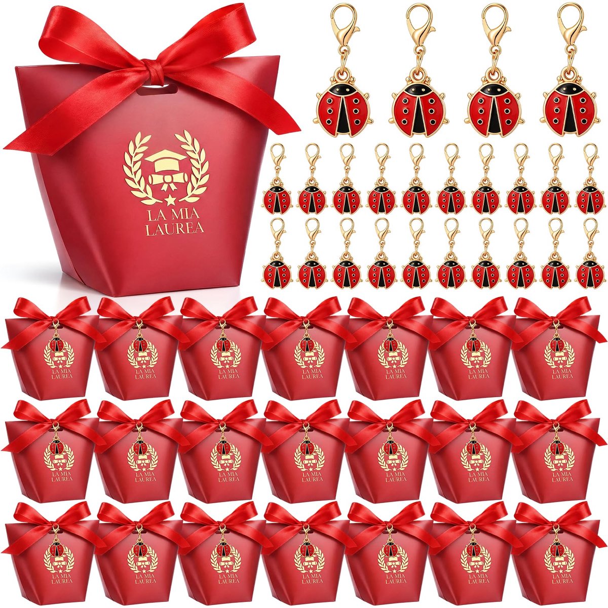 Dailygoods - 30 Sets Cadeauverpakkingen Voor Afstuderen - Inclusief Lieveheersbeestje Sleutelhanger en Rood Lint