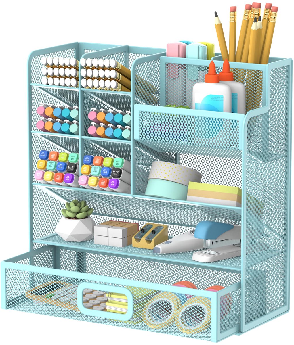SnelShoppen - Pennenhouder met Lade, Bureau-Organizer, Metalen Gaas, Blauw, Desk Accessoires voor Bureau-Organisatie, Perfect voor Thuis en Kantoor