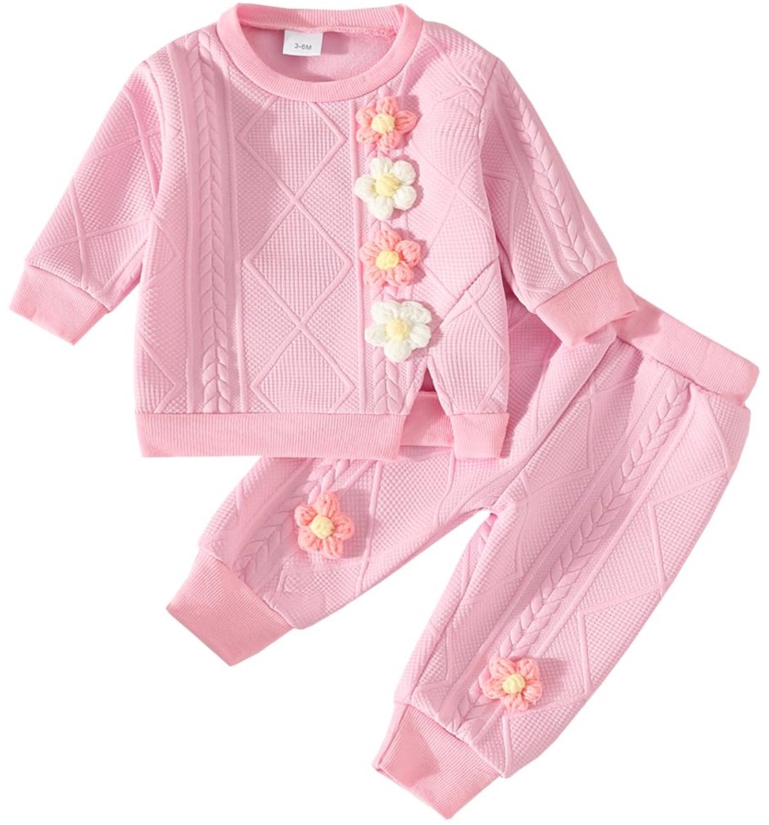 SnelShoppen - Eqenkely Babykleding Meisjes Bloemenprint Lange Mouwen Bovenstuk + Broek Herfstset Roze 6-12 Maanden - Comfortabele Kleding voor Kindere